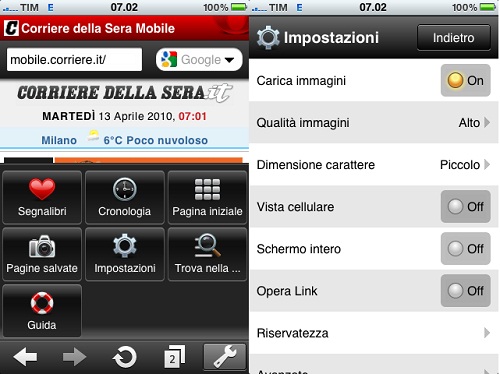 Opera Mini Web Browser opzioni