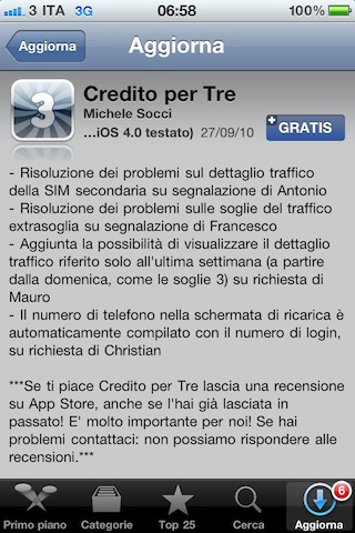 Credito per Tre update 1.6