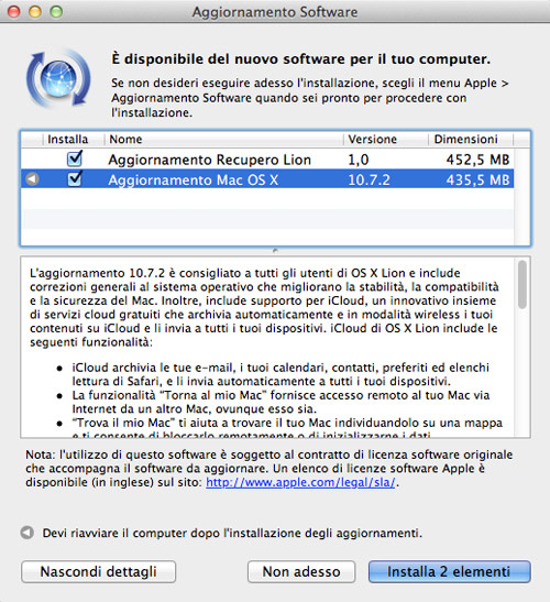 OS X Lion 10.7.2 disponibile al download