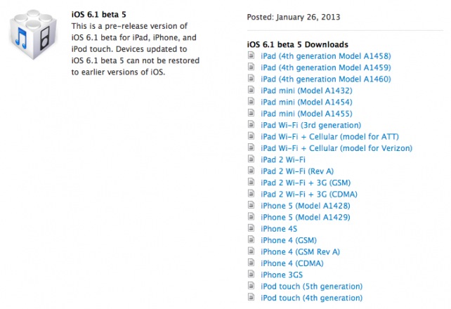 iOS 6.1 beta 5 disponibile agli sviluppatori 